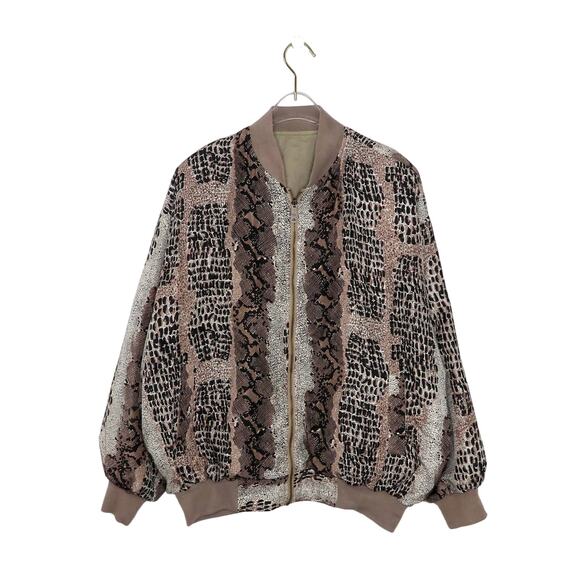 1980s Vintage Brown Snakeskin Reversible Bomber Jacket Large - Picture 1 of 10